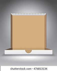 Empty open pizza box on grey vector illustration template for advertising