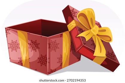 Caja de regalo de Festiva roja abierta vacía con arco de cinta dorada y diseño de patrón de copo de nieve. Elemento de diseño festivo aislado