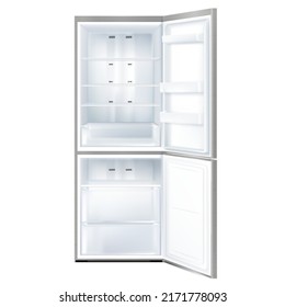 Empty open refrigerator isolated on white background. Front View of gray freezer with open doors. Realistic 3d vector - Shutterstock ID 2171778093