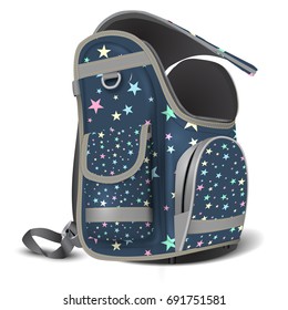 Empty Open School Satchel. A Place For Your Object. Realistic Illustration On A White Background. Star Pattern Texture. Vector Illustration. Isolated.