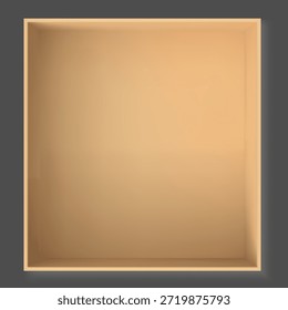 Caja de regalo de cartón cuadrada abierta vacía con una tapa abierta, vista superior. Adecuado para maquetas de productos, embalaje, regalos, almacenamiento y marca. Vector ilustración realista. Fondo brillante.