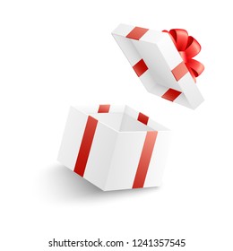 Empty open white gift box with red ribbon, bow and flying cover in realistic 3d style isolated on white background - vector illustration for greeting and surprise design with present package .