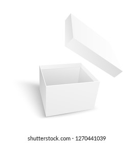 Empty Open White Paper Box With Flying Cover In Realistic 3d Style Isolated On White Background - Vector Illustration Of Template Or Mockup For Greeting And Surprise Design With Carton Package .