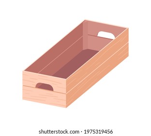 Empty open wooden box with handles. Rectangular wood crate. Plywood container for grocery markets, farm harvest, vegetables and fruits. Colored flat vector illustration isolated on white background