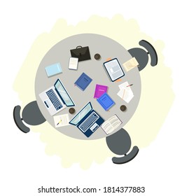 Espacio de trabajo abierto vacío. Escritorio con laptops, libros, cuadernos, café y sillas en el campus universitario, café u oficina. Moderna ilustración vectorial de diseño interior de negocios.