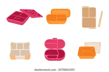 Empty opened bento boxes and lunchboxes  with covers set of vector illustrations isolated on white.