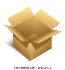 Empty opened brown paper box icon with shadow, vector