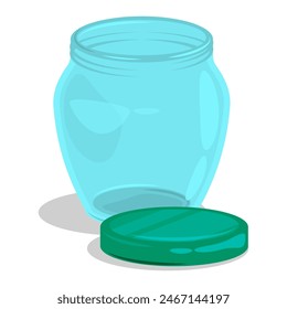 Empty opened glass jar for canning and food storage. Summer harvest and preparation of food stocks for winter. Cartoon vector isolated on white background