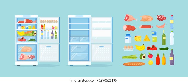 Empty and opened refrigerator with different healthy food. Fridge on Kitchen, freezer with meat on shelves. Vector illustration