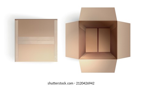 Empty opened and taped up closed delivery cardboard box realistic top view isolated vector illustration