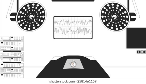 Empty operating theater black and white line illustration. Surgery room. Operation table with incision 2D interior monochrome. Surgical lamps, medical equipment, monitor eeg brainwave outline vector