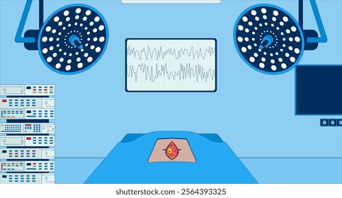 Empty operating theater flat illustration. Surgery room. Operation table with incision 2D interior cartoon background. Surgical lamps, medical equipment racks, monitor eeg brainwave scene vector image