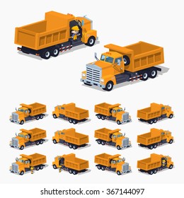 Empty orange dumper. 3D lowpoly isometric vector illustration. The set of objects isolated against the white background and shown from different sides