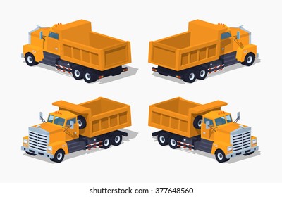 Empty orange dumper. 3D lowpoly isometric vector illustration. The set of objects isolated against the white background and shown from different sides