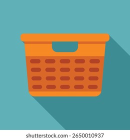 Empty orange plastic laundry basket with handle, isolated on turquoise background with long shadow