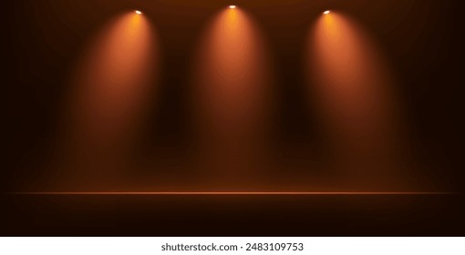 Empty orange studio room background. Dark orange background. Space for selling products on the website. Empty room with spotlight effect. Vector illustration.