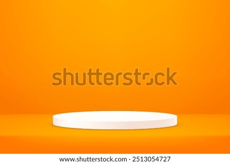 Empty orange studio room background. Orange background vector 3d with white podium. Space for selling products on the website. Vector illustration.