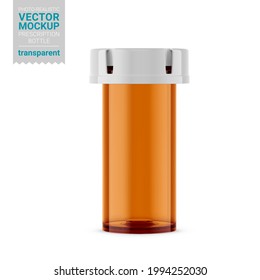 Empty orange transparent prescription bottle. Vector 3d illustration. Contains an accurate mesh to wrap your artwork with the correct envelope distortion. Photo-realistic packaging vector mockup.