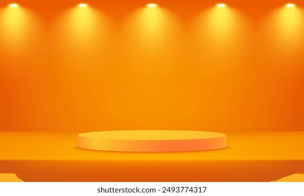 Empty orange and yellow studio room background. Orange background vector 3d with yellow podium. Space for selling products on the website. Empty room with spotlight effect. Vector illustration.