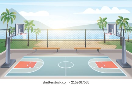 Empty outdoor basketball court in tropical area with sea mountains and sunrise in background cartoon vector illustration