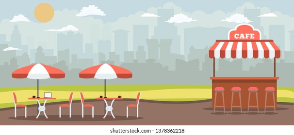 Empty Outdoor Cafe with cityscape background. Street Cafe or Restaurant Terrace in a park. Vector illustration.
