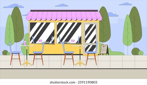 Empty outdoor cafe with storefront, awning and tables chairs flat illustration background. Local coffee shop, bistro coffeeshop 2D cityscape cartoon backdrop. Colorful scene vector art image