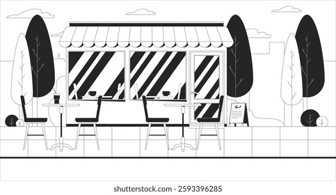 Empty outdoor cafe with storefront, awning and tables chairs line illustration backdrop. Local coffee shop, bistro coffeeshop 2D ink outline cityscape monochrome background. Lineart vector