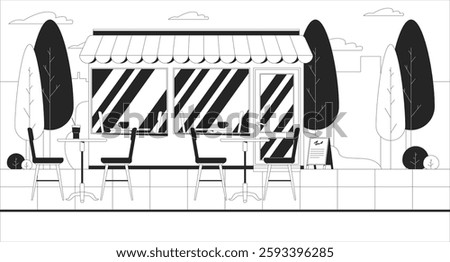 Empty outdoor cafe with storefront, awning and tables chairs line illustration backdrop. Local coffee shop, bistro coffeeshop 2D ink outline cityscape monochrome background. Lineart vector