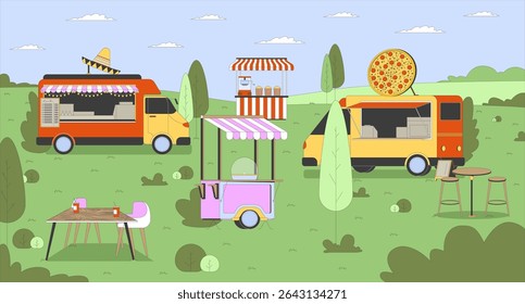 Empty outdoor food truck festival with colorful stalls flat illustration background. Cotton candy, popcorn cart. Taco, pizza vendor stands 2D cartoon backdrop. Multicolor scene vector art image