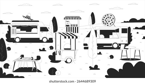 Empty outdoor food truck festival with striped stalls line illustration backdrop. Cotton candy, popcorn cart. Taco, pizza vendor stands 2D ink outline monochrome background. Lineart vector