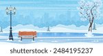 Empty outdoor ice rink for skating and fun winter activities. cartoon frozen landscape. Winter day park scene. Snow covered wooden bench with street lamp. Vector illustration in flat style