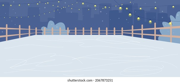 Empty Outdoor Ice Rink for Skating, Skiing and Fun Winter Activities. Frozen Pond in Park Urban Landscape with Cityscape Silhouette, Night, Evening or Morning Scene. Cartoon Vector Illustration