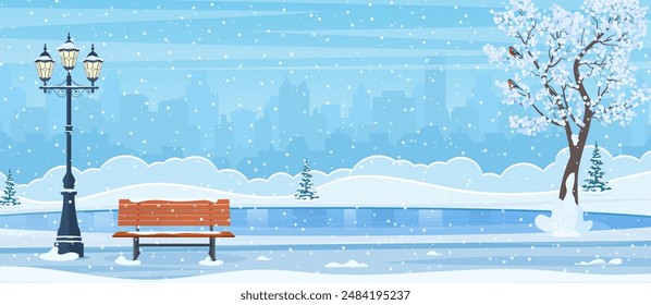 Empty outdoor ice rink for skating and fun winter activities. cartoon frozen landscape. Winter day park scene. Snow covered wooden bench with street lamp. Vector illustration in flat style