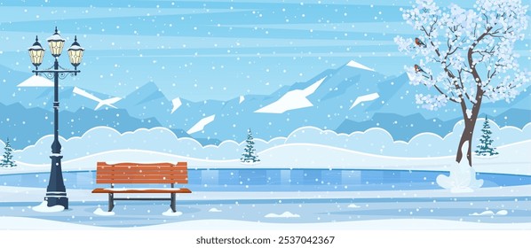 Pista de hielo al aire libre vacía para patinar y divertidas actividades de invierno. Escena del parque del día de invierno. Fondo de paisaje de Navidades con Ilustración vectorial de montaña en estilo plano