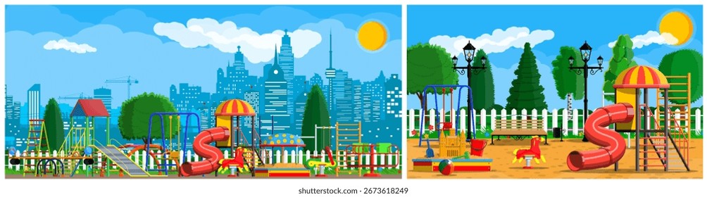 Empty outdoor playground area with colorful slides, swings, and sandbox. City skyline background. Fun park for kid play activity.