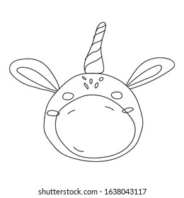 Empty outline of cute doodle unicorn head isolated on white background. Anti-stress drawing for coloring children and adults. Drawing on a t-shirt, logo or tattoo. Stock vector illustration