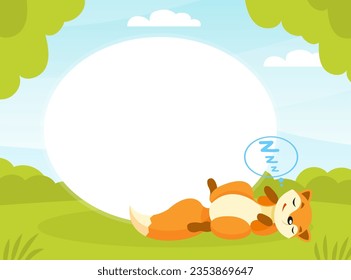 Empty Oval Card with Cute Red Fox Animal with Bushy Tail Lying on Green Grass Snoring Vector Illustration