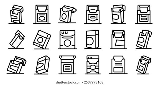 Empty pack cigarettes icons set. Cigarette pack icons set. Outline set of cigarette pack vector icons for web design isolated on white background