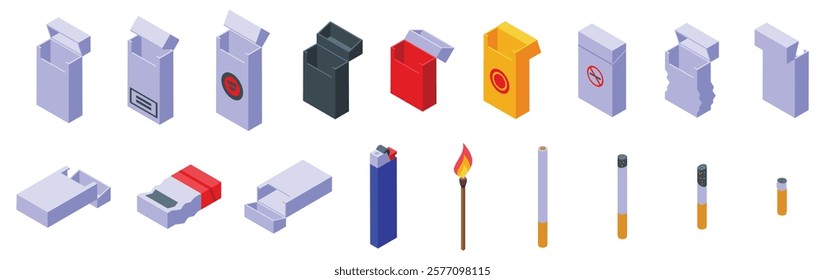  Empty pack cigarettes icons set. Different smoking elements including cigarettes, packs and lighters are presented in isometric view, depicting various stages and states