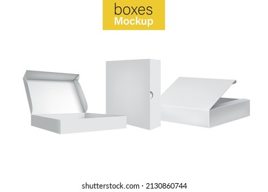 Empty packaging boxes in different angles - open and closed layout, isolated on a white background. Vector illustration