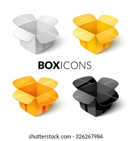 Empty packaging cardboards, open box icons set in cartoon style, vector illustration