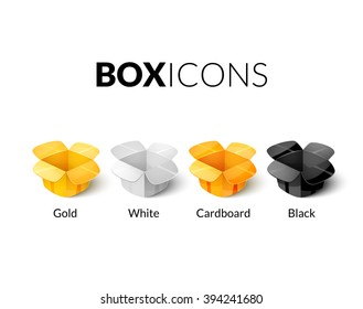 Empty packaging cardboards, open box icons set in cartoon style, vector illustration