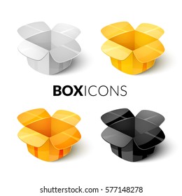 Empty packaging cardboards, open box icons set in cartoon style, vector illustration
