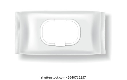 Empty packaging design for wet wipes with realistic details. White and minimalistic style, emphasizing hygiene and cleanliness. Ideal for branding purposes.