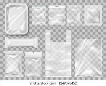 Empty packs, plastic package and vacuum containers mockups for food. Transparent disposable clean packages for meat and chocolate bar, spices and pastry. Transparent packets to carry and keep goods