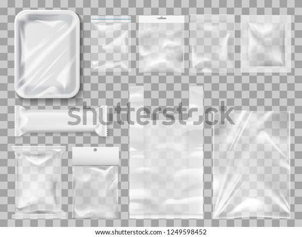 Empty packs, plastic package and vacuum containers
mockups for food. Transparent disposable clean packages for meat
and chocolate bar, spices and pastry. Transparent packets to carry
and keep goods