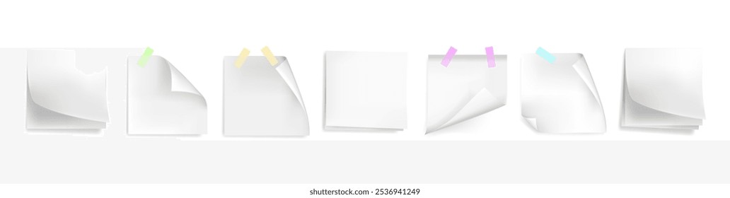 Empty pages of sticky notes for memos. Vector isolated set of realistic pages from books or sketchbooks. Office and school supplies, business stationery. Copy space on sheets for documents