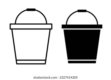 Empty paint bucket icon set. Water plastic bucket vector outline symbol. Garbage tin or steel metal bucket sign.