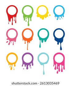 Empty paint round splashes with drops, liquid shape, stains. Empty colored melt drip paint circles. Colorful paint fluid