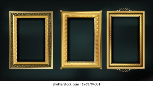 Empty painting or picture frame with golden engraved and carved wooden borders. Set of decorative retro ornamental detailed picture frames. Old classic vector baroque golden frames collection.